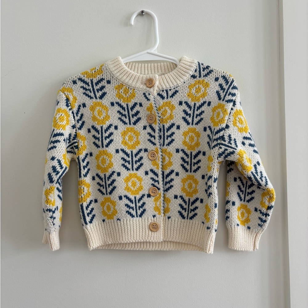 NWT Cream Cardigan with Yellow & Blue Floral Knit